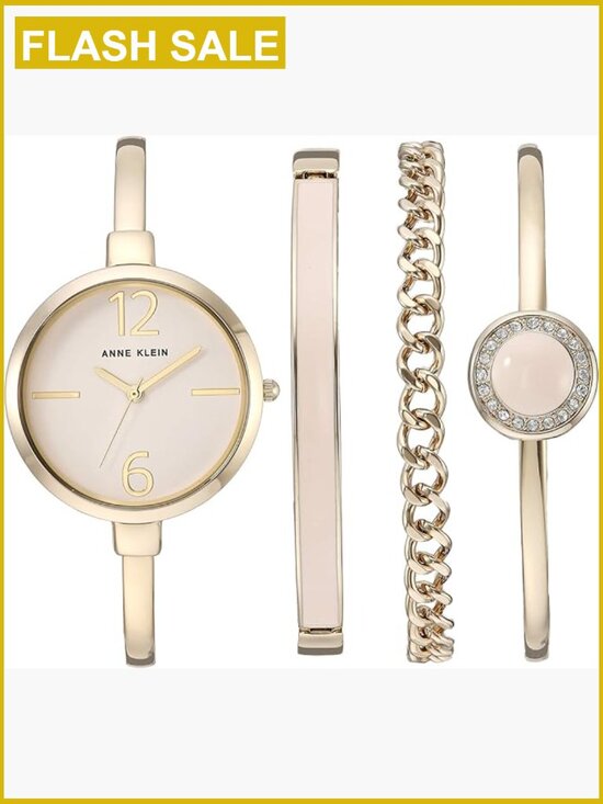 Gold-Tone Bangle Watch and Crystal Bracelet Set with Japanese Quartz Movement